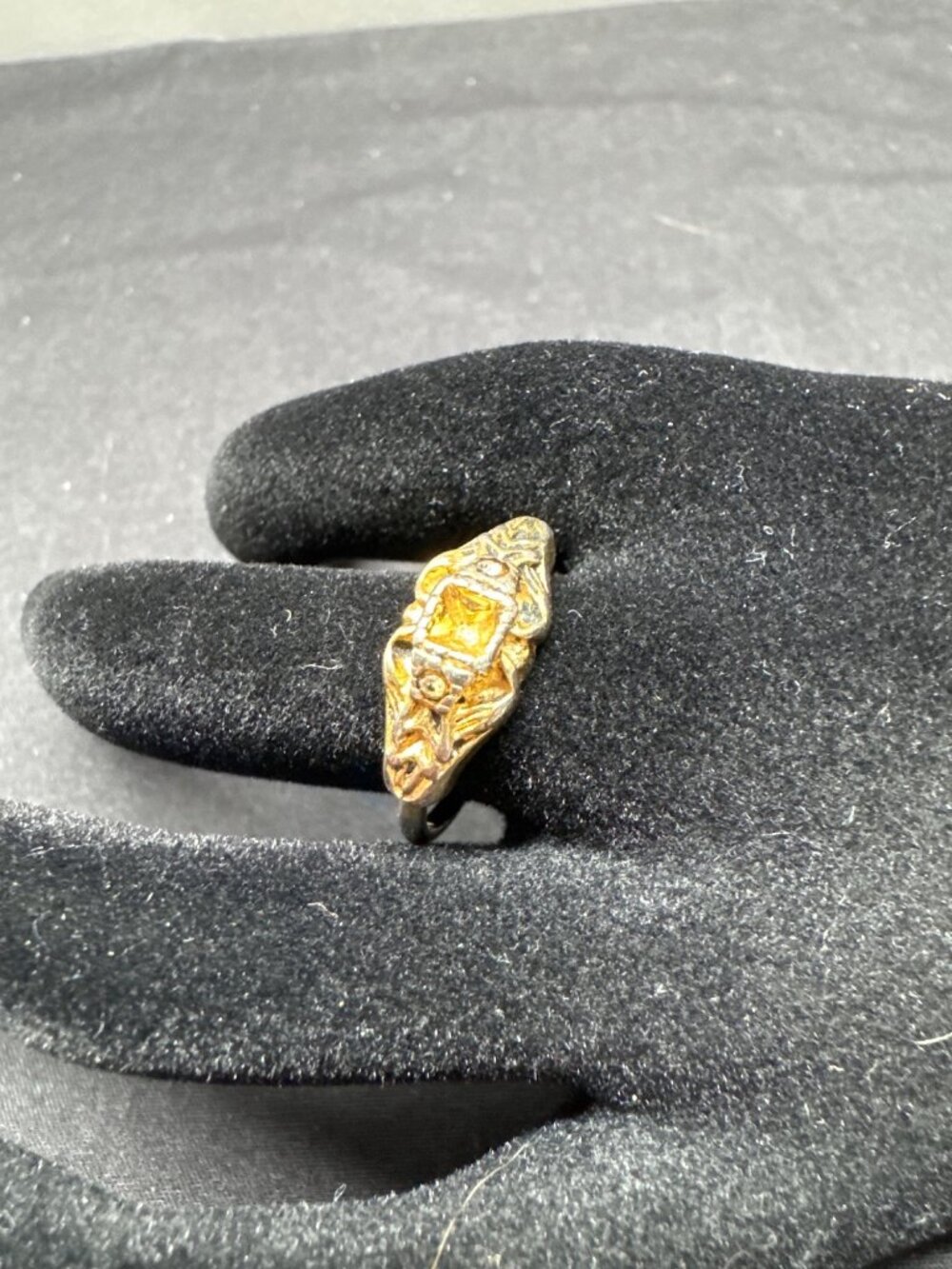 Gold-Tone Ring Size 9 Yellow Stone Intricate Geometric Design